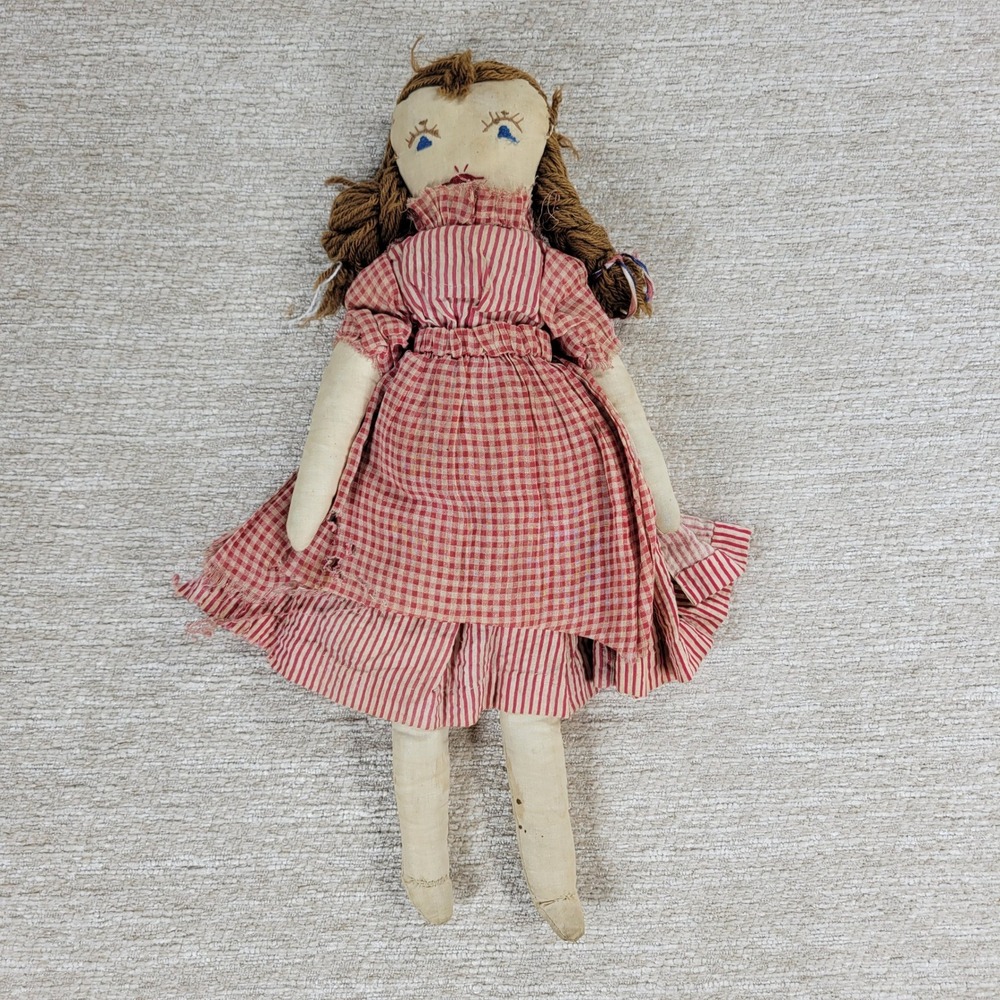Antique Handmade Muslin Cloth Rag Doll Red Gingham Dress Folk Art 1920s Vintage